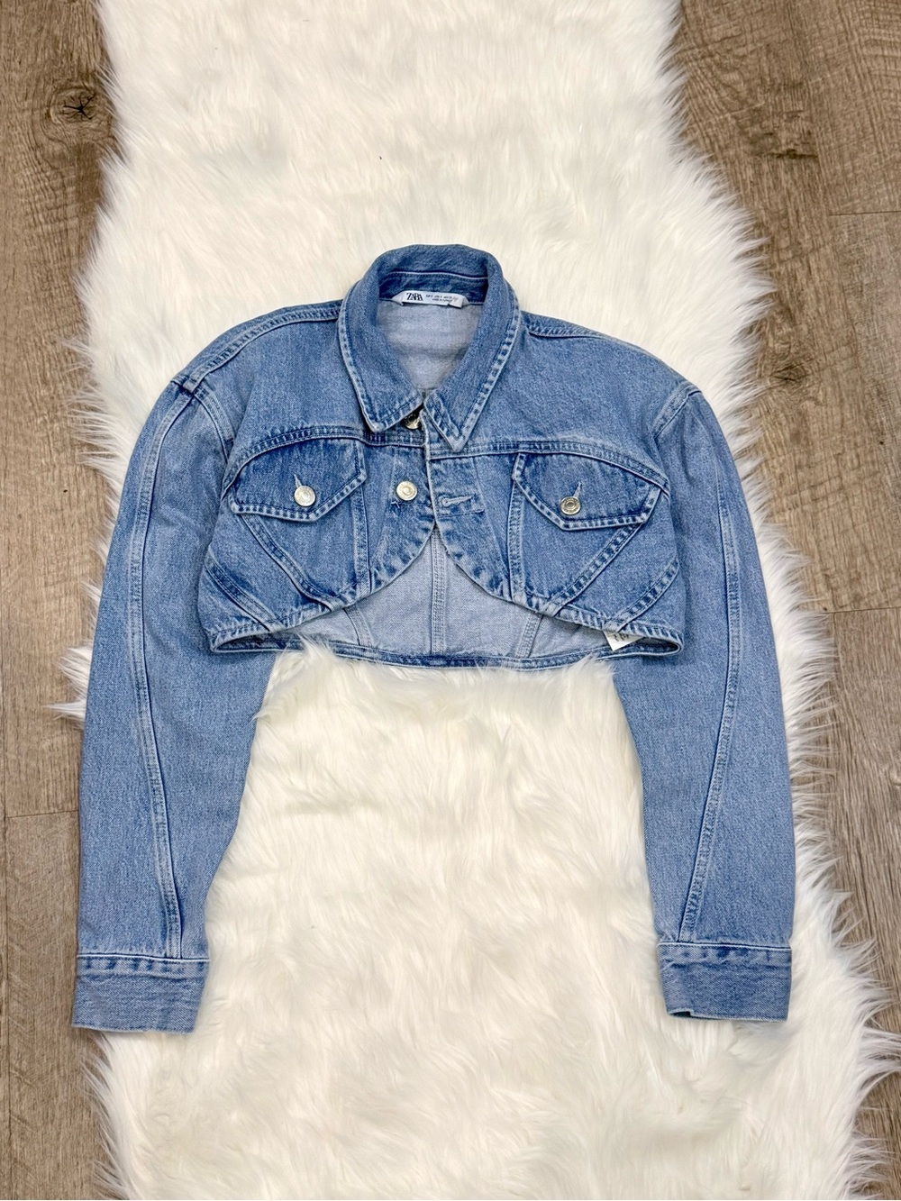 Zara Light Blue Cropped Denim Jacket with Chest Flap Pockets